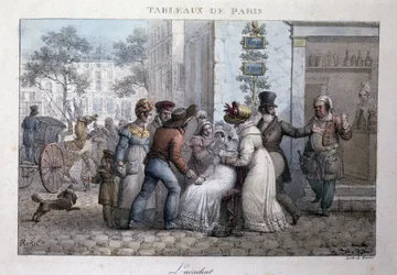 Gammelt gatebilde i Paris: ulykken (kvinne støttet av forbipasserende). Gravering av Jean Henry Marlet (1771-1847) i "" Les Tableaux de Paris"", serie med 72 trykk, sent på 1800-tallet.
