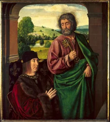 Portrett av Pierre II de Beaujeu, hertugen av Bourbon (1439-1505) Presentert av Saint Pierre Maleri av Maitre de Moulins eller Jean Hey (1450-1505). Søn 0,73 X 0,65m