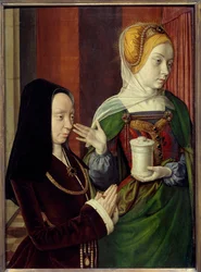 Antatt portrett av Madeleine av Burgund, dame av Laage presentert av Sainte Madeleine Maleri av Jean Hey dit le Maitre de Moulins (1480-1500) 1400-tallet. Sol 0,56x0,4 m