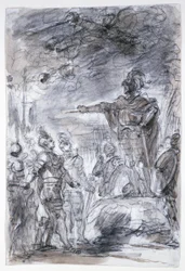 Scene fra Ariostos «Orlando Furioso»: Rodomonte og Mandricardo legger frem sin sak for Agramante