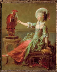 En ung jente morer seg med en kinesisk statue som trekker henne i håret. Maleri av Jean Honoré Fragonard (1732-1806), 18. århundre, privat samling