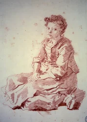 Liten jente sitter på hælene Sanguine av Jean Honore Fragonard (1732-1806) 1774 Besancon, Musee des Beaux Arts