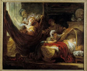 Vuggen En mor på en hengekøye omgitt av døtrene sine og et spedbarn i en kurv. Maleri av Jean Honore Fragonard (1732-1806) Amiens fra 1700-tallet, Musee de Picardie