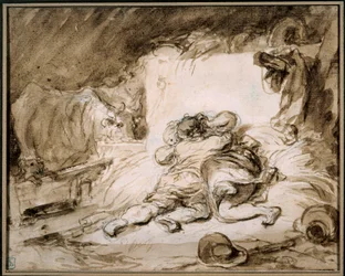 Stallen Et par omfavner på en høystakk. Tegning i vask av Jean Honore Fragonard (1732-1806) Paris. Musee Cognacq Jay