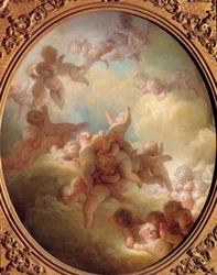 Svermen av Love Group i skyene. Maleri av Jean Honore Fragonard (1732-1806) Søn fra 1700-tallet. 0,56x0,65 m Paris musee du Louvre