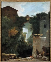 Fossene i Tivoli Des lavandieres i et landskap av fossefall. Maleri av Jean-Honore Fragonard (1732-1806) 1700-tallets søn. 0,72x0,6 m.