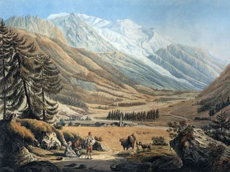 utsikt over Chamonix-dalen, fra Argentiere-landsbyen av Jean Daniel Huber under en reise ca. 1785 (gravering)