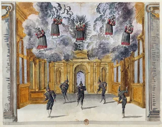 Scenografi av Jean Berain den eldre (1640-1711) for Le feste di Amore e di Bacco (The Celebrations of Love and Bacchus), ballett av Jean-Baptiste Lully (1632-1687), fremført på Palais-Royal i Paris, 15. november