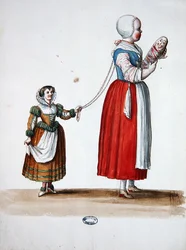 To unge jenter, teatralsk kostymedesign for feiringen og festene til Louis XIV (akvarell på papir)