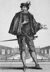 Capitan Spezzaferro, scenekostyme, gravering av Jean Berain den eldste (1637-1711), Frankrike