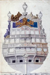 Dekor av akterenden til skipet Le Soleil Royal”” Akvarell av Jean I Berain (1640-1711) Søn. 0,6x0,4 m Paris, Musée du Louvre