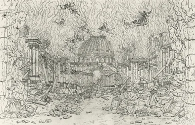 Ødeleggelse av bygningen, skisse av Jean Berain (1640-1711), for Armide, av Jean-Baptiste Lully (1632-1687), Frankrike