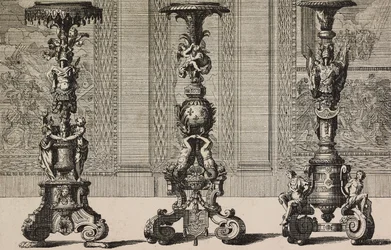 Store bronselysestaker, gravering av Jean Berain (1640-1711) fra L