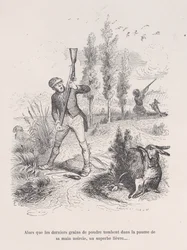 Mens de siste kruttkornene faller i håndflaten på hans svertede hånd, en praktfull hare... fr..., 1843.