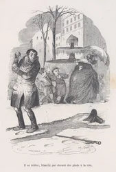 Han reiser seg, dekket fra topp til tå av snø. fra The Little Miserie of Human Life, 1843.