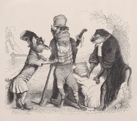 Ulven trygler mot reven, foran apen, ca. 1838.