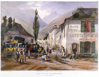 Ankomst og reparasjon av en diligens ved Luz på veien til Barreges, ca. 1840