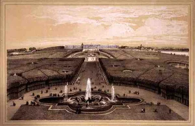 Generell utsikt over parken og palasset i Versailles, utgitt av Auguste Bry (litho)