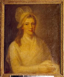 Portrett av Marie Anne Charlotte Corday (1768-1793) Maleri av Jean Jacques Hauer (1751-1829) 1793. Dim 0,61 x 0,47 m. Versailles, Chateau-museet