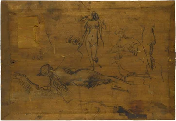 Fillette au ruban bleu (recto) / Fem nakenstudier, en påfugl og et hode i profil (verso)