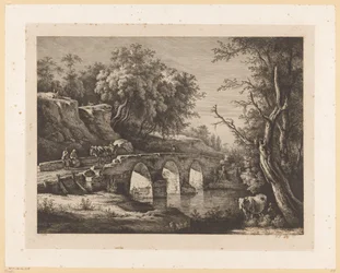 Landskap med figurer på en steinbro