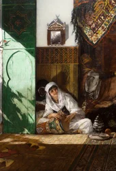 Interiør av et harem i Marokko, detalj: kvinne som spiller derbouka