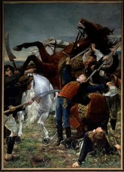 Den franske revolusjon: «Joseph Baras død (1779-1793)». Joseph Bara eller Barra (1780-1793) var en barnehelt fra den franske revolusjon som kjempet i Vendée for republikken. Maleri av Jean Joseph Weerts (1849-1927), 1883. Olje. 3,50 x 2,50 m. Paris, Musée