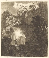 Figur stående under en steinbue