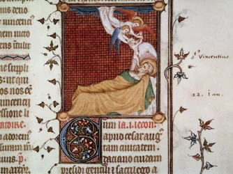 St. Vincents død av Zaragoza i 304 Miniatyr hentet fra "Paris Breviarium" kjent som Breviary of Charles V illustrert av Jean Le Noir (man. lat. 1052, fol. 326);