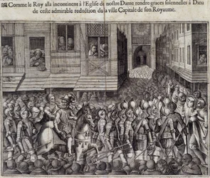 Inngang til Henry IV (1553 - 1610) i Paris 22. mars 1594 og dra til Cathedrale de Notre Dame for å delta på messe - Gravering av Jean Lecler, etter Bollery, Musee de Notre Dame de Paris