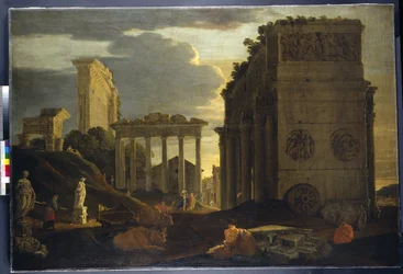 Capriccio-utsikt med figurer ved en triumfbue og templene til Saturn og Jupiter Tonans (olje på lerret)