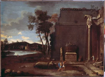 Landskap med en sarkofag. Maleri av Jean Le Maire (1597-1659). Fransk kunst, olje på lerret. Eremitasjemuseet, St. Petersburg