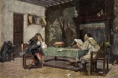 Samarbeid mellom Jean Baptiste Moliere og Pierre Corneille Fransk dramatis - "" Forfatterne Jean-Baptiste (Jean Baptiste) Poquelin dit Moliere (1622-1673) og Pierre Corneille (1606-1684)"" gravering etter maleriet av Jean-Leon (Jean) Leon) Gerome