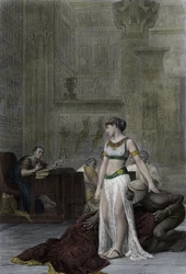 Dronningen av Egypt Cleopatra VII Thea Philopator (69-30 f.Kr.) og Jules Cesar (100-44 f.Kr.) - Kleopatra før Julius Cæsar i Shakespeares skuespill, Antony og Cleopatra, etter maleriet av Jean Leon Gerome