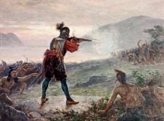 Slaget ved Champlain-sjøen, mellom irokeserstammer og en koalisjon av indianerstammer (algonquinere, huroner og montagnere) støttet av franskmennene, i 1609 - Maleri av Jean Leon Gérome Ferris (1863-1930)