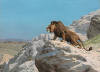 Løve på vakt, ca. 1885 (olje på trepanel)