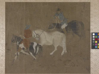 Ryttere som leder en hvit hest (farger på silke)