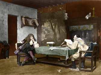 Forfatterne Jean-Baptiste (Jean Baptiste) Poquelin dit Moliere (1622-1673) og Pierre Corneille (1606-1684). 1800-tallet (litografi etter maleriet av Jean-Leon (Jean Leon) Gerome)
