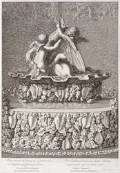 Fontene med to amoriner som leker med en gryphon, av Benoit Massou, i Versailles, 1676