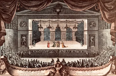 "Le malade imaginaire" (The Imaginary Invalid) av Jean Baptiste Poquelin dit Moliere i Versailles (farget gravering)