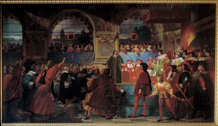 Kong Ludvig XII utropte folkets far til Generalstatene i Tours 14. mai 1506. Denne tittelen ble gitt til ham fordi han reduserte størrelsen, skatt betalt av vanlige. Maleri av Jean Louis Bezard (1799-1861)