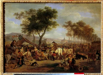 Messe ved inngangen til en landsby Scene med mat og handel på en landsbymesse. Maleri av Jean-Louis Demarne (1744-1829) Søn. 036x0,5 m