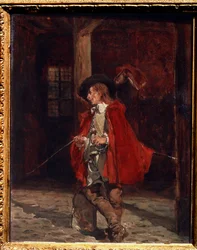 ""Le swashbuckler in a red cloak"" (Swashbuckler in a red cloak) representasjon av en musketer, elsker av sverddueller, som lener seg nonchalant mot en stolpe. Maleri av Ernest Jean Louis Meissonier (1815-1891) Pushkin-museet fra 1800-tallet, Moskva