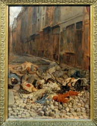 Revolusjonen i 1848: «Barrikaden i Rue de la Mortellerie i juni 1848, eller minne om borgerkrigen», 1848, 0,29 x 0,22 m, Paris, Louvre-museet