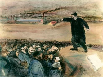 En agitator foran arbeiderne. En leder for arbeiderbevegelsen krever arbeidernes rettigheter i en tale. 1900-tallet. Privat samling
