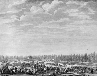 Fransk revolusjon: Gilbert du Motier, Marquis de la Fayette (1757-1834) fikk to hundre soldater avvæpnet på grunn av indisiplin på Champs Elysees i Paris 12. januar 1790. Gravering av Berthaut etter Prior. Paris, bibliotek ved Institutt for historie av R