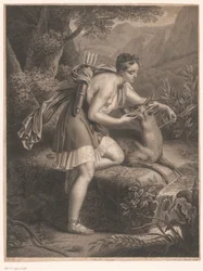 Dianas nymfe tar en pil fra halsen på en hjort La Nymphe de Diane (tittel på objekt)