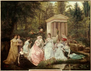 Rosen fra Malmaison: keiserinne Joséphine de Beauharnais og keiser Napoleon Bonaparte med sine hoffdamer, maleri, 0,71 x 0,92 m, Malmaison, slottsmuseet