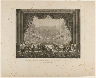 Livvaktenes, Flandern-regimentenes, Montmorency-dragonenes og nasjonalgardenes fest i Versailles. Mens de tramper på den nasjonale kokarden, viser de den svarte kokarden, et tegn på den "Aristokratiske konføderasjonen"