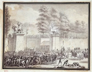 Fransk revolusjon: "" Monsieur de Lambesc går inn i Tuileriene med en avdeling fra det kongelige tyske regiment 12. juli 1789"" Tegning i blekk og vask av Jean-Louis Prieur (1759-1795)